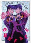  aqua_eyes black_hair black_jacket border clone copyright_name cowboy_shot diamond_wa_kudakenai earrings english_text evil_eyes evil_smile gakuran grid_background heart higashikata_josuke highres holding holding_pencil jacket jewelry jojo_no_kimyou_na_bouken looking_at_another male_focus marionette outside_border peace_symbol pencil pompadour puppet purple_shirt red_eyes school_uniform shirt sleeves_past_wrists smile stud_earrings sweatdrop t_0nd white_border 