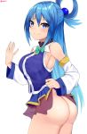  1girl aqua_(konosuba) ass bangs bare_shoulders blue_eyes blue_hair blush bow breasts commentary detached_sleeves eyebrows_visible_through_hair green_bow hair_ornament hair_rings highres kono_subarashii_sekai_ni_shukufuku_wo! large_breasts long_hair long_sleeves looking_at_viewer no_panties rinse_7 simple_background smile solo very_long_hair white_background 