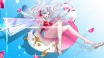  1girl aiming aiming_at_viewer aqua_eyes bad_id bad_twitter_id bare_legs breasts carlotta_(splashing_summer)_(wuthering_waves) carlotta_(wuthering_waves) casual_one-piece_swimsuit commentary feet floating_hair gun holding holding_gun holding_weapon legs long_hair looking_at_viewer making-of_available medium_breasts official_alternate_costume one-piece_swimsuit open_mouth pink_one-piece_swimsuit rena_(rena_emc2) rifle sandals smile solo swim_ring swimsuit thighs toes very_long_hair weapon white_hair white_sandals wuthering_waves 