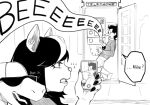  1girl 2boys catti_(deltarune) cellphone corded_phone deltarune door english_text furry furry_female greyscale holding holding_phone jockington_(deltarune) leaning minominoks monochrome multicolored_hair multiple_boys nail_polish pants phone phone_booth round_eyewear shirt short_hair spamton_g._spamton standing streaked_hair sunglasses taking_picture 
