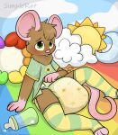 absurd_res ambiguous_gender anthro blush bodily_fluids bottle clothed clothing colorful_theme container diaper embarrassed empty_bottle genital_fluids hi_res legwear mammal mouse murid murine rat rodent shy simplerat solo thigh_highs toast_(simplerat) unclean_diaper urine used_diaper wet_diaper