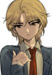  1boy aged_down blonde_hair collared_shirt dio_brando ear_birthmark formal_clothes highres jojo_no_kimyou_na_bouken long_hair mieyu47042071 necktie phantom_blood red_necktie shirt solo yellow_eyes 