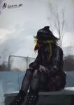 anthro avian beanie bird boots clothing digital_drawing_(artwork) digital_media_(artwork) digital_painting_(artwork) female flannel flannel_shirt footwear gaertan grungy hand_tattoo hat headgear headwear hi_res leggings legwear outside painting_(artwork) penguin shoes sitting skate_park solo studded_boots studded_clothing studded_footwear studs tattoo