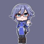  1girl arm_behind_back black_pants blue_eyes blue_jacket blush boots brown_boots chibi closed_mouth fold-over_boots fu_hua fu_hua_(valkyrie_accipiter) full_body glasses grey_background grey_hair hand_up highres honkai_(series) honkai_impact_3rd jacket juliet_sleeves long_sleeves mokkyo_(motkyo) outline pants puffy_sleeves red-framed_eyewear simple_background solo standing white_outline 