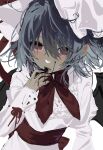  1girl back_bow bat_wings belt blue_hair blush bow candy chocolate claws dress food food_on_face hair_between_eyes hand_up hat hat_ribbon heart heart-shaped_chocolate heart-shaped_food highres holding holding_chocolate holding_food juliet_sleeves long_sleeves looking_at_viewer mob_cap open_mouth pointy_ears puffy_long_sleeves puffy_sleeves puritan_collar purple_eyes red_belt red_bow red_ribbon remilia_scarlet ribbon short_hair simple_background solo standing touhou tume_ama valentine white_background white_dress white_hat wings 