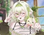  1girl ahoge animal animal_ears animal_on_shoulder bare_shoulders black_bra blue_sky bow bowtie bra bra_strap ferret ferret_ears ferret_girl food fruit glasses gradient_hair green_eyes green_fur green_hair green_nails hair_between_eyes hair_ornament hairband hairclip laimu_(vtuber) laimu_(vtuber)_(cozy) leaf lime_(fruit) lime_necklace lime_slice limon_(laimu) long_hair multicolored_hair pink-framed_eyewear pink_bow pink_bowtie pink_nails plant puffy_sleeves ribbon rrrina_4 shelf sky sweater two-tone_hair underwear uwu vines vinesauce virtual_youtuber white_hair window 