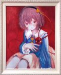  1girl black_hairband blue_shirt closed_mouth collared_shirt commentary english_commentary frilled_shirt_collar frills hair_between_eyes hairband komeiji_satori long_sleeves looking_at_viewer nail_polish oil_painting_(medium) painting_(medium) pink_skirt portrait_(object) purple_hair red_background red_eyes red_nails shirt short_hair simple_background skirt solo svveetberry third_eye touhou traditional_media 