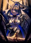  2girls absurdres black_gloves black_skirt black_sleeves blue_eyes blue_gemstone blue_hair breasts brown_coat chain chain_headband closed_mouth coat detached_sleeves english_commentary gem giant giantess gloves halo heart-shaped_gem highres hololive hololive_english large_breasts mechanical_halo multiple_girls ouro_kronii ouro_kronii_(1st_costume) shirt size_difference skirt veil virtual_youtuber vonv_(sejvon) watson_amelia watson_amelia_(1st_costume) white_shirt 