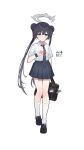  1girl absurdres bag black_hair black_scrunchie black_shoes black_skirt blue_archive blush braid closed_mouth collared_shirt commentary_request diagonal-striped_clothes diagonal-striped_necktie double_bun full_body grey_eyes hair_between_eyes hair_bun halo heart highres hui_yu_yu_yu_ye kisaki_(blue_archive) light_smile loafers long_hair necktie pleated_skirt school_bag school_uniform scrunchie shirt shoes short_sleeves simple_background skirt socks solo souvenir_doll_(blue_archive) striped_clothes translation_request twintails very_long_hair white_background white_shirt white_socks wrist_scrunchie 