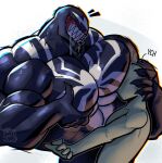 alien anon anthro black_body bodily_fluids duo face_in_pecs hi_res human its_coldpizza male male/male mammal marvel monster muscular muscular_anthro muscular_male pecs saliva sharp_teeth teeth venom_(marvel)