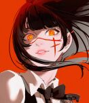  1girl absurdres black_bow black_hair bow chainsaw_man fourth_east_high_school_uniform grin highres long_hair looking_at_viewer mistxii red_eyes scar scar_on_cheek scar_on_face school_uniform shirt simple_background smile solo white_shirt yellow_eyes yoru_(chainsaw_man) 