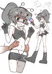  1girl 1other absurdres bare_shoulders blush boots ebora energy_gun english_commentary fake_antennae flat_chest gloves goggles grey_boots grey_gloves grey_hair grey_shorts hairband hand_in_pants hands_on_another&#039;s_stomach highres midriff momoco_(nyanko_daisensou) multiple_views navel nyanko_daisensou open_mouth out_of_frame pale_skin ponytail ray_gun short_hair short_shorts shorts sidelocks sweat weapon white_background 