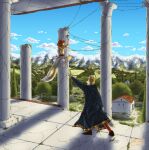 absurd_res aedelric_(kittykuscell) ancient anthro barefoot bodypaint climbing cloak clothed clothing duo fantasy feet felid feline femboy footwear hair hi_res jewelry jumping kittykuscell legwear longsword male mammal medieval medieval_clothing melee_weapon mountain open_mouth painted_background pillar plant reaching ruins scabbard shoes short_hair story story_in_description sword tail tights toga vines weapon wenke_(kittykuscell)