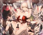  1girl 2boys age_difference animal_ears arm_support bandages bar_censor breasts brown_hair censored copyright_request elbow_gloves erection fur gloves green_eyes green_hair group_sex hair_between_eyes large_breasts long_hair multiple_boys navel nipples nude penis pointy_ears rikume sex shota spread_legs threesome torn_clothes torn_legwear vampire 