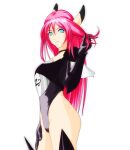  1girl black_gloves black_thighhighs choker closed_mouth gloves kz-red leotard long_hair looking_at_viewer mieu_(phantasy_star) phantasy_star phantasy_star_iv pink_hair simple_background smile solo thighhighs white_background 