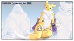 2025 absurd_res anthro armwear bandai_namco black_sclera blue_eyes breasts bridal_gauntlets clothing digimon digimon_(species) dipstick_ears dipstick_tail ear_markings eyebrows featureless_breasts female fur hi_res leg_markings markings maximus_furr multicolored_ears navel pose renamon ruff smile socks_(marking) solo tail tail_markings white_body white_fur yellow_body yellow_fur yokozuwari