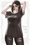  1girl alternate_costume arm_behind_head artist_name black_nails black_pants bootybear bra_strap braid breasts brown_shirt clothes_writing collarbone colored_sclera commentary cowboy_shot crown_braid curvy english_commentary english_text hair_behind_ear hand_up highres holding holding_own_hair huge_breasts large_breasts looking_at_viewer medium_hair multiple_braids nail_polish orange_eyes pants parted_bangs patreon_username red_sclera see-through_clothes see-through_shirt see-through_silhouette serana shirt short_sleeves solo the_elder_scrolls the_elder_scrolls_v:_skyrim thick_lips thighs torn_clothes torn_pants translucent variant_set 