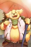  2020 anthro belly blush bottomwear canid canine canis clothing cu_sith_(tas) domestic_dog hi_res humanoid_hands kemono male mammal moobs noko_illust outside overweight overweight_male pants raining solo tokyo_afterschool_summoners umbrella video_games 