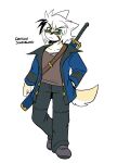 2025 anaugi anthro bottomwear canid clothing coat dangan_(anaugi) ear_piercing eyewear footwear frown fur glasses green_eyes hair hand_in_pocket hi_res male mammal pants piercing pockets round_glasses scar sheathed_sword shirt shoes short_hair simple_background solo sunglasses t-shirt tail tan_body tan_fur topwear white_background white_hair