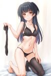  1girl ass_visible_through_thighs black_bra black_panties black_thighhighs blush bow bow_bra bow_panties bra breasts bright_background brown_eyes ca_paria chop closed_mouth collarbone commentary_request full_body hair_over_one_eye hand_on_own_leg hand_up highres holding holding_legwear holding_unworn_clothes idolmaster idolmaster_shiny_colors kneeling linea_alba long_hair looking_at_viewer mayuzumi_fuyuko navel on_bed panties sidelocks small_breasts smile solo stomach straight_hair thighhighs two_side_up underwear underwear_only unworn_thighhighs 