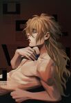  1boy abs absurdres blonde_hair brown_background cabbage-2012 chromatic_aberration diego_brando english_text from_side green_eyes hair_between_eyes hand_on_own_chest highres jojo_no_kimyou_na_bouken long_hair male_focus messy_hair muscular muscular_male painterly parted_lips solo steel_ball_run text_background topless_male upper_body 