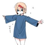  1girl alice_margatroid blonde_hair blue_eyes blue_shirt blush_stickers commentary_request cookie_(touhou) gomennetemple hairband highres long_sleeves looking_at_viewer open_mouth outstretched_arms oversized_clothes oversized_shirt red_hairband shirt short_hair simple_background solo spread_arms taisa_(cookie) touhou white_background 