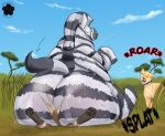 2024 ahadi_(squashedflat) artist_logo better_version_at_source big_butt blossonflower bodily_fluids butt butt_smother english_text equid equine felid female female/female feral grass group hi_res huge_butt hyena lion logo mammal outside pantherine pawpads plant quadruped sefira_(squashedflat) sitting_on_another size_difference sky smothering striped_body stripes sweat sweaty_butt text trio zebra