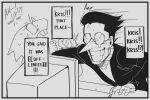  1boy 1girl alphys broken_eyewear clenched_teeth commentary crack deltarune english_commentary english_text glasses greyscale hand_on_table highres jacket minominoks monochrome pointy_nose pushing_away round_eyewear shirt short_hair spamton_g._spamton sweat tearing_up teeth 