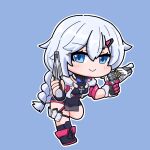  1girl black_boots black_leotard blue_background blue_eyes blush boots braid breasts chibi closed_mouth dual_wielding full_body grey_hair gun hair_between_eyes hair_ornament hairclip handgun highres holding holding_gun holding_weapon honkai_(series) honkai_impact_3rd kallen_kaslana kallen_kaslana_(ritual_imayoh) leotard long_hair looking_at_viewer medium_breasts mokkyo_(motkyo) outline simple_background smile solo standing standing_on_one_leg very_long_hair weapon white_outline 