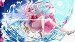  1girl absurdres aiming aiming_at_viewer aqua_eyes bare_legs breasts carlotta_(splashing_summer)_(wuthering_waves) carlotta_(wuthering_waves) casual_one-piece_swimsuit commentary feet floating_hair gun hashtag-only_commentary highres holding holding_gun holding_weapon legs long_hair looking_at_viewer making-of_available medium_breasts official_alternate_costume one-piece_swimsuit open_mouth pink_one-piece_swimsuit rena_(rena_emc2) revision rifle sandals smile solo swim_ring swimsuit thighs toes very_long_hair weapon white_hair white_sandals wuthering_waves 
