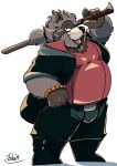  2020 anthro belly black_nose bottomwear brown_body brown_fur canid canine clothing fur hi_res humanoid_hands male mammal overweight overweight_male pants raccoon_dog realiron_(artist) shirt simple_background solo tanuki tongue tongue_out topwear white_background 