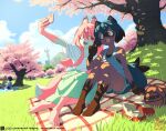  2girls animal_ears animal_nose arm_at_side arm_up artist_name ball bare_shoulders barefoot basketball_(object) blue_eyes blue_hair blue_shorts blue_sky body_fur bottle bracelet brand_new_animal brown_fur brown_hair cellphone cherry_blossoms cloud collarbone commentary_request dappled_sunlight day dolphin_shorts english_commentary fangs feet flat_chest fox_ears fox_girl fox_tail full_body furry furry_female grass green_skirt hair_between_eyes hand_up happy hiwatashi_nazuna holding holding_phone jewelry kagemori_michiru knees_up long_hair looking_at_another looking_at_phone looking_to_the_side michirutnk mixed-language_commentary multicolored_eyes multicolored_hair multiple_girls open_mouth outdoors outstretched_arm partial_commentary phone picnic_blanket pink_eyes pink_fur pink_hair pixiv_username raccoon_ears raccoon_girl raccoon_tail red_eyes red_shoes selfie shirt shoes short_hair short_shorts short_sleeves shorts side_slit side_slit_shorts sidelocks sitting skirt sky sleeveless sleeveless_shirt smartphone smile studio_trigger sunlight tail teeth tied_shirt two-tone_fur two-tone_hair undershirt unworn_shoes v water_bottle watermark white_fur white_shirt 