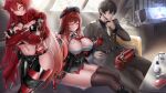  1boy 3girls absurdres anis_(nikke) armored_bodysuit bare_shoulders breasts cleavage commander_(nikke) dorothy_(nikke) faceless faceless_male goddess_of_victory:_nikke highres jacket large_breasts leather leather_jacket leather_pants long_hair looking_at_viewer micktv42 military_uniform multiple_girls neon_(nikke) pants rapi_(nikke) rapi_(red_hood)_(nikke) red_hood_(nikke) smile tactical_clothes thighhighs two-tone_gloves 