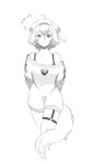  1girl ahoge animal_ears arms_behind_back asymmetrical_legwear autumn_tealeaf bare_shoulders black_bra bob_cut bra bra_strap cleavage_cutout clothing_cutout english_text eyelashes ferret ferret_ears ferret_girl ferret_tail greyscale highres laimu_(vtuber) laimu_(vtuber)_(cozy) monochrome no_pants o-ring o-ring_thigh_strap skindentation smug sweater tail_around_own_leg thigh_strap underwear vinesauce virtual_youtuber 
