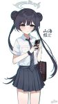  1girl absurdres black_hair black_skirt blue_archive blush braid briefcase cellphone chromatic_aberration closed_mouth collared_shirt commentary_request diagonal-striped_clothes diagonal-striped_necktie double_bun grey_eyes hair_bun halo highres holding holding_phone hui_yu_yu_yu_ye kisaki_(blue_archive) long_hair necktie phone pleated_skirt school_briefcase school_uniform shirt simple_background skirt solo standing striped_clothes twintails twitter_username very_long_hair white_background white_shirt 