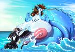 2025 3_fingers 4_ears 4_fingers absurd_res anthro areola aster_(flower) avali avian big_areola big_breasts black_body black_feathers black_tail black_wings blue_arms blue_body blue_hands blue_legs blue_skin blue_sky blue_water bottomless bottomless_anthro bottomless_female bra breasts brown_hair clothed clothing duo elavi_(elevig) extreme_size_difference eyes_closed feather_hair feathered_wings feathers female fingers fish flower flower_in_ear glistening glistening_breasts green_bikini_top green_bra green_clothing green_underwear grey_pawpads grey_scutes hair hand_pawpads happy hi_res huge_breasts hyper hyper_breasts larger_anthro larger_female larger_nude lesang marine multi_ear nipples non-mammal_breasts nude nude_anthro nude_female one_eye_closed open_mouth open_top_glasses partially_submerged pawpads pink_areola pink_nipples plant playful playful_splashing playing_in_water pseudo_hair purple_body purple_feathers purple_tail_tuft purple_wings red_eyes scuted_hands scutes shannon_shark shark sharp_teeth signature size_difference sky smaller_anthro smaller_clothed smaller_female smile splash splashing_water tail tail_tuft tatarian_aster_(flower) teeth tuft underwear water white_arms white_body white_feathers white_hands white_skin winged_arms wings