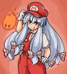  1girl blush bow closed_mouth cosplay fire fire_mario fireball fujiwara_no_mokou gloves hair_bow hat highres long_hair looking_at_viewer mario mario_(cosplay) mario_(series) mcsquiddies newsboy_cap ofuda ofuda_on_clothes overalls red_eyes red_hat red_overalls shirt simple_background smile solo tongue tongue_out touhou white_gloves white_hair white_shirt 