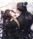  2boys absurdres artist_name black_hair black_hanfu blood blood_from_eyes blood_from_mouth blood_on_clothes blood_on_face blue_eyes brown_hair chinese_clothes chu_wanning crying crying_with_eyes_open erha_he_tadebai_mao_shizun half_updo hand_on_another&#039;s_back hand_on_another&#039;s_head hanfu high_ponytail highres korean_commentary long_hair long_sleeves looking_at_another male_focus mo_ran multiple_boys open_mouth ponytail snow taxian-jun tears topknot white_hanfu wide_sleeves xiao_guan_(headdress) zehel_az 