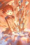  1girl :o ace_(playing_card) ace_of_diamonds ace_of_spades blue_eyes buttons card cauldron collared_shirt danganronpa_(series) danganronpa_v3:_killing_harmony diamond_(shape) eight_of_diamonds_(playing_card) eyelashes five_of_clubs five_of_hearts floating_hair four_of_hearts hat highres jacket limited_palette long_sleeves non-web_source open_mouth page_number playing_card rass_berres red_theme seven_of_diamonds shirt six_of_hearts skirt solo spade_(shape) sweater_vest ten_of_clubs ten_of_spades three_of_clubs three_of_diamonds two_of_clubs two_of_diamonds two_of_spades wind witch_hat yumeno_himiko 
