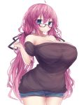  1girl bare_shoulders black_ribbon blue_eyes breasts cleavage commentary_request denim denim_shorts glasses hair_ribbon highres large_breasts long_hair looking_at_viewer original pout ribbon shorts simple_background solo thighs twintails very_long_hair white_background yu-kinouhasu 