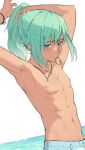  1boy abs arm_over_head blue_shorts bracelet commentary cove_holden double-parted_bangs english_commentary green_eyes green_hair hair_tie hair_tie_in_mouth high_ponytail horizon jewelry male_focus male_pubic_hair mouth_hold no_shirt ocean our_life:_beginnings_and_always pectorals ponytail pubic_hair ryuuieu shorts solo sparkling_eyes topless_male tying_hair upper_body wet white_background 