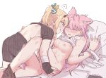  2girls animal_ears between_legs bite_mark bite_mark_on_arm bite_mark_on_breast black_gloves black_shorts blonde_hair blue_eyes blush breasts closed_eyes commentary fingerless_gloves gloves grabbing_another&#039;s_ass groping hakui_koyori heart hickey highres hololive hzy_ka kazama_iroha large_breasts licking_lips long_hair multiple_girls nipples parted_lips pillow pink_hair ponytail protected_link shorts spoken_heart sweat symbol-only_commentary tail tongue tongue_out virtual_youtuber wolf_ears wolf_girl wolf_tail yuri 