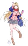  1girl ;p bag blazer blonde_hair blue_bag blue_jacket boots breasts brown_boots cardigan cellphone cleavage commentary_request dosanko_gal_wa_namaramenkoi full_body fuyuki_minami grey_skirt highres holding holding_phone ikada_kai jacket large_breasts long_hair long_sleeves looking_at_viewer mini_snowman neck_ribbon one_eye_closed open_clothes open_jacket phone pink_cardigan pleated_skirt purple_eyes purple_nails red_ribbon red_scarf ribbon scarf school_bag school_uniform simple_background skirt smartphone snowman solo standing standing_on_one_leg tongue tongue_out white_background 