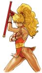  1girl bare_shoulders blonde_hair capcom capcom_vs_snk_2 dougi final_fight fingerless_gloves game_cg genryuusai_maki gloves high_ponytail highres holding holding_weapon kuji-in leaning_to_the_side legs_apart long_hair looking_at_viewer mma_gloves motoyui ninja non-web_source official_art parted_lips pelvic_curtain ponytail simple_background solo teeth tonfa wavy_hair weapon wrist_wrap 