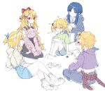  5girls add1ct1on aged_down bandaid bari_(project_moon) black_coat blonde_hair blue_eyes blue_hair blush brushing_hair coat collared_shirt contemporary don_quixote_(project_moon) dual_persona highres jacket limbus_company long_hair long_sleeves multiple_girls necktie open_mouth pants ponytail project_moon red_eyes shirt short_hair short_twintails sidelocks simple_background smile twintails very_long_hair white_background yearning-mircalla_(e.g.o) 