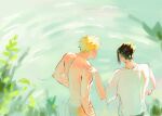  2boys black_hair blonde_hair crew_neck facial_mark hand_on_another&#039;s_shoulder highres iri_iri leaf male_focus multiple_boys naruto_(series) orange_shorts outdoors plant shirt short_hair short_sleeves shorts t-shirt topless_male uchiha_sasuke uzumaki_naruto water whisker_markings white_shirt 