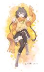  1girl absurdres autumn_leaves black_thighhighs blush boots bow-shaped_hair braid brown_boots brown_hair brown_skirt cable_knit closed_eyes commentary_request dated highres leaf long_hair luo_tianyi lying morimori_(14292311) on_back open_mouth orange_scarf outstretched_hand reaching reaching_towards_viewer scarf sidelocks signature skirt smile solo sweater thighhighs twin_braids vocaloid vsinger_(vocaloid) yellow_sweater 