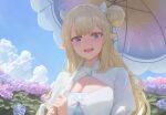  1girl absurdres blonde_hair blue_dress blue_eyes blue_sky blush bow breasts brooch cleavage cloud commentary_request double-parted_bangs dress flower hair_bun highres holding holding_umbrella horns jewelry junmin korean_commentary large_breasts long_hair long_sidelocks looking_at_viewer opal_(trickcal) open_mouth outdoors parasol pointy_ears purple_flower shadow shirt shrug_(clothing) side_up_bun sidelocks sky smile solo sunlight teeth tongue trickcal umbrella upper_body upper_teeth_only wavy_hair white_bow white_horns white_shirt white_shrug 