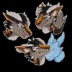 ambiguous_form black_background blue_body brown_body brown_fur cheek_spikes cuddling dragon duo facial_spikes fangs fur furred_dragon furred_scalie grey_body grey_fur hi_res horn khyaber looking_at_viewer male markings mythological_creature mythological_scalie mythology open_mouth pupils ridged_horn scalie side_view simple_background slit_pupils solo spikes spikes_(anatomy) teeth white_horn yellow_eyes yellow_markings