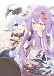  2girls ;d absurdres black_dress black_gloves blue_eyes blush breasts brown_background brown_eyes china_dress chinese_clothes commentary_request dress frilled_dress frills gloves gradient_background grey_hair hair_between_eyes hair_rings hands_up highres holding holding_own_hair honkai_(series) honkai_impact_3rd long_hair mogu_kinoko multiple_girls one_eye_closed purple_hair single_glove sirin sirin_(miracle_magical_girl) sirin_(soaring_wings) small_breasts smile sparkle_background theresa_apocalypse very_long_hair white_background white_dress zhuge_kongming_(herald_of_spring)_(honkai_impact) zhuge_kongming_(honkai_impact) 